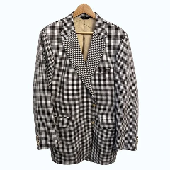 Vintage Orvis Gingham Check Blazer Mens 46R Navy Tan Sport Coat Union Made USA - Picture 3 of 16